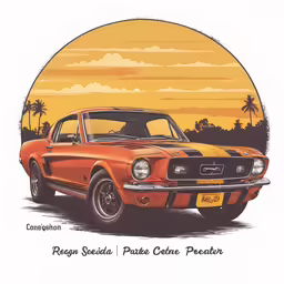 an orange mustang car parked in front of palm trees