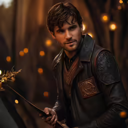 a young man in a leather jacket holding a knife