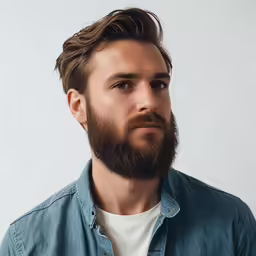 a bearded man wearing a blue jean jacket looks at the camera