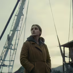 a woman is standing near the boats with her hands behind her