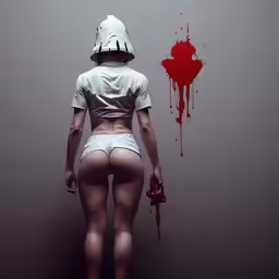 a woman with a hoodie in red blood