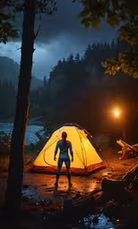 a person standing next to a tent in the woods,a person standing next to a tent lit by a light