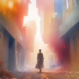 a person walking down an alley way in the middle of a town