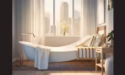 there is a white bathtub next to the window