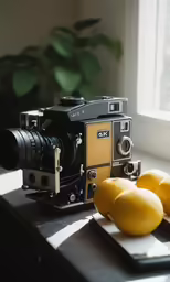 a camera sitting next to lemons and an empty pan with a mirror behind it