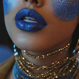 the lips and shoulders of an african woman with sparkling blue make - up