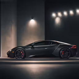 a dark colored sports car parked in a dark room