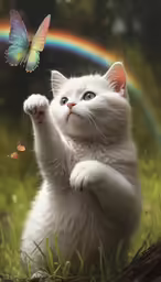 a white cat that is reaching up to a butterfly