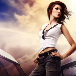 a young woman posing on the roof of a car,a beautiful woman posing next to a truck