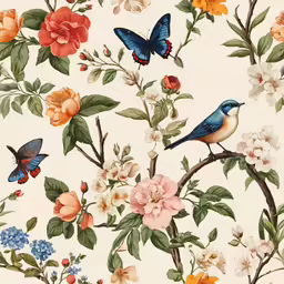 butterflies, roses and other flowers are on the branch