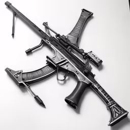 a toy rifle and two knives with writing implements