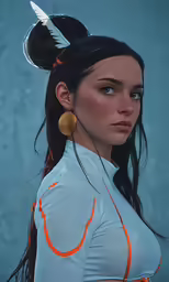a woman wearing ear pieces next to a blue wall