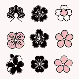 the flowers have different shapes and sizes,six flower images in black and pink