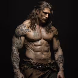 the man with long hair is posing shirtless