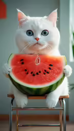 a cat sitting on top of a stool next to a slice of watermelon