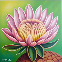 an image of a pink flower and some leaves,a painting of a large flower on a green background