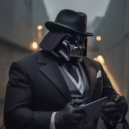 darth vader in suit and hat using a tablet