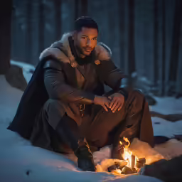 a man sitting on the ground next to a fire