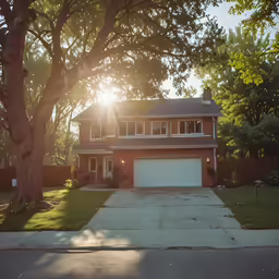 a suburban house with a tree in the front yard