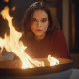 a woman sitting behind a fire bowl with flames in it