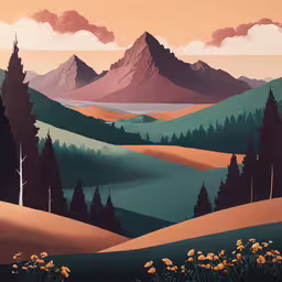 a large painting with hills and trees surrounding it,a painting of a mountain landscape with a few trees