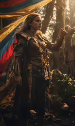 woman dressed in costume holding a colorful flag