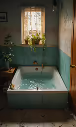 a bathroom with a blue wall and tub
