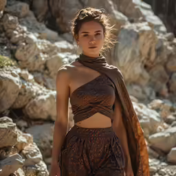 a woman is wearing an outfit standing near some rocks