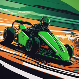 a green race car drives down a track,a painting of a green race car on the track