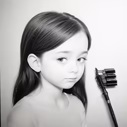 the girl is staring off at something with an electric hair dryer in front of her