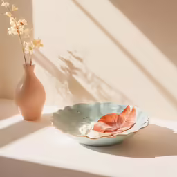 two bowls, one with flowers and a vase with an orchid