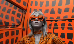 the woman is wearing orange and orange sunglasses