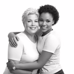 two women smile while hugging each other