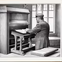 an old photo of a man at a table in front of a window
