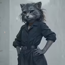 a person with cats head wearing a trench suit