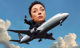 a person is looking at a airplane with a face like a woman