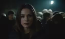 the woman in black stands among a group of people