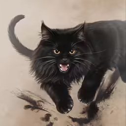 a black cat is walking on the sand