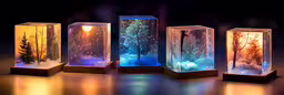 three snow globes filled with trees and snow,an assortment of lights on top of wooden bases