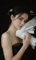 young woman in evening dress holding a piece of paper