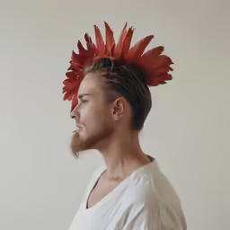 man with feathered top knot and beard looking at something