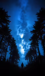 a person walking in the dark with a night sky background