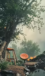 a chair and table sitting under a tree by water