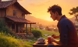 man sitting at table eating food in front of wooden house,a man with a drink sitting on the outside of a building