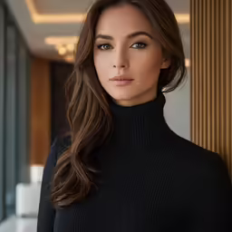 a woman posing in black shirt and a white curtain