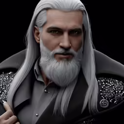 the white hair and beard of a man with grey hair is posed in front of black background