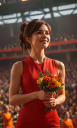 a smiling woman holding flowers in her hand