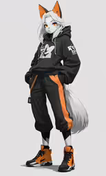 a cartoon animal in a black and orange hoodie