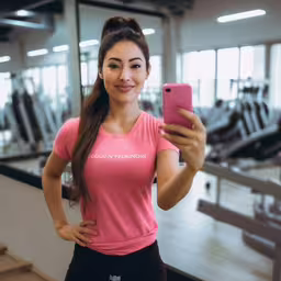 young asian woman using smartphone in gym, smiling,woman standing in gym looking at camera and holding cellphone