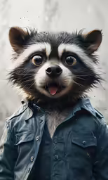 a photograph of a raccoon wearing a jean coat with his mouth open